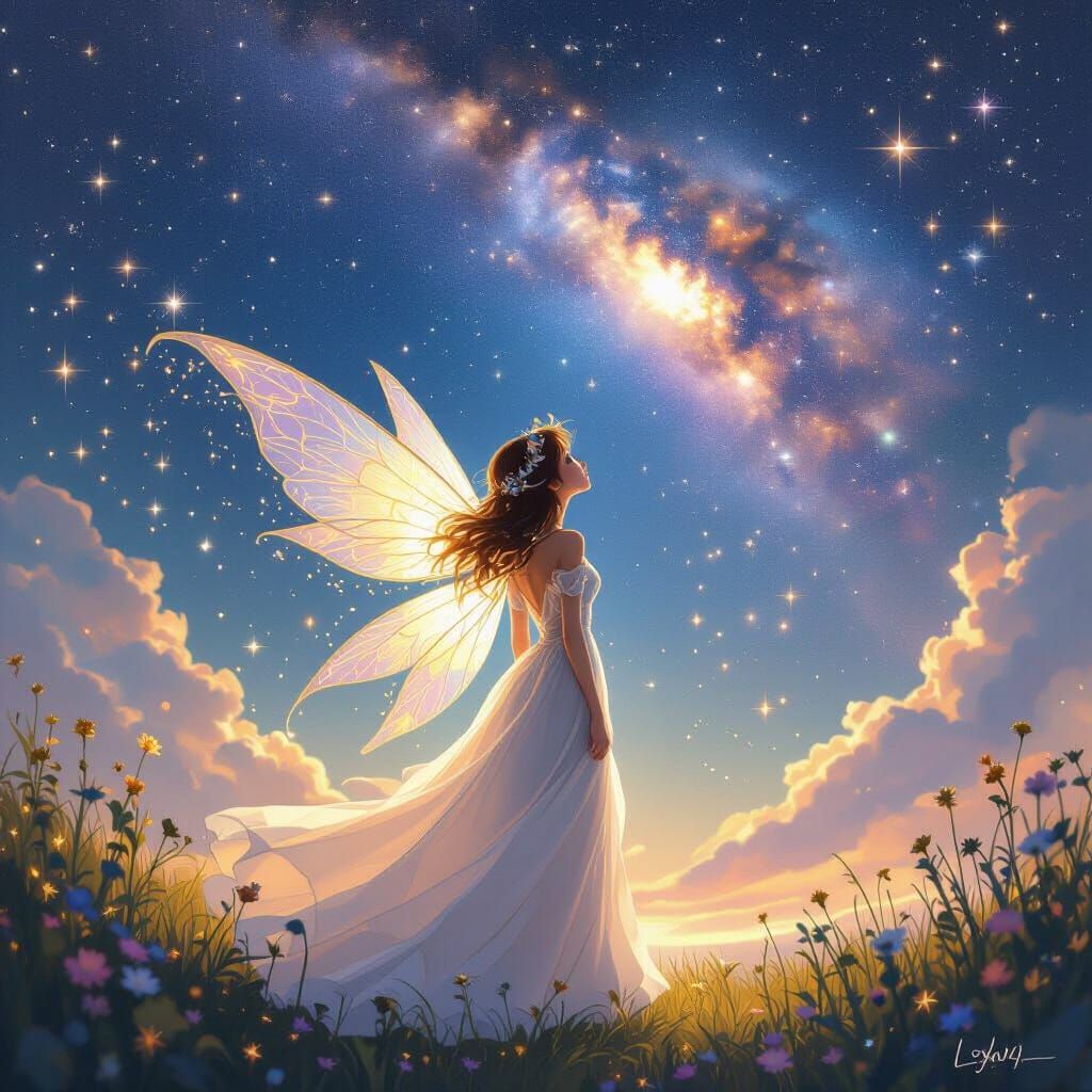 Whimsical Fairy Gazing at Starry Galaxy in Dreamy Style
