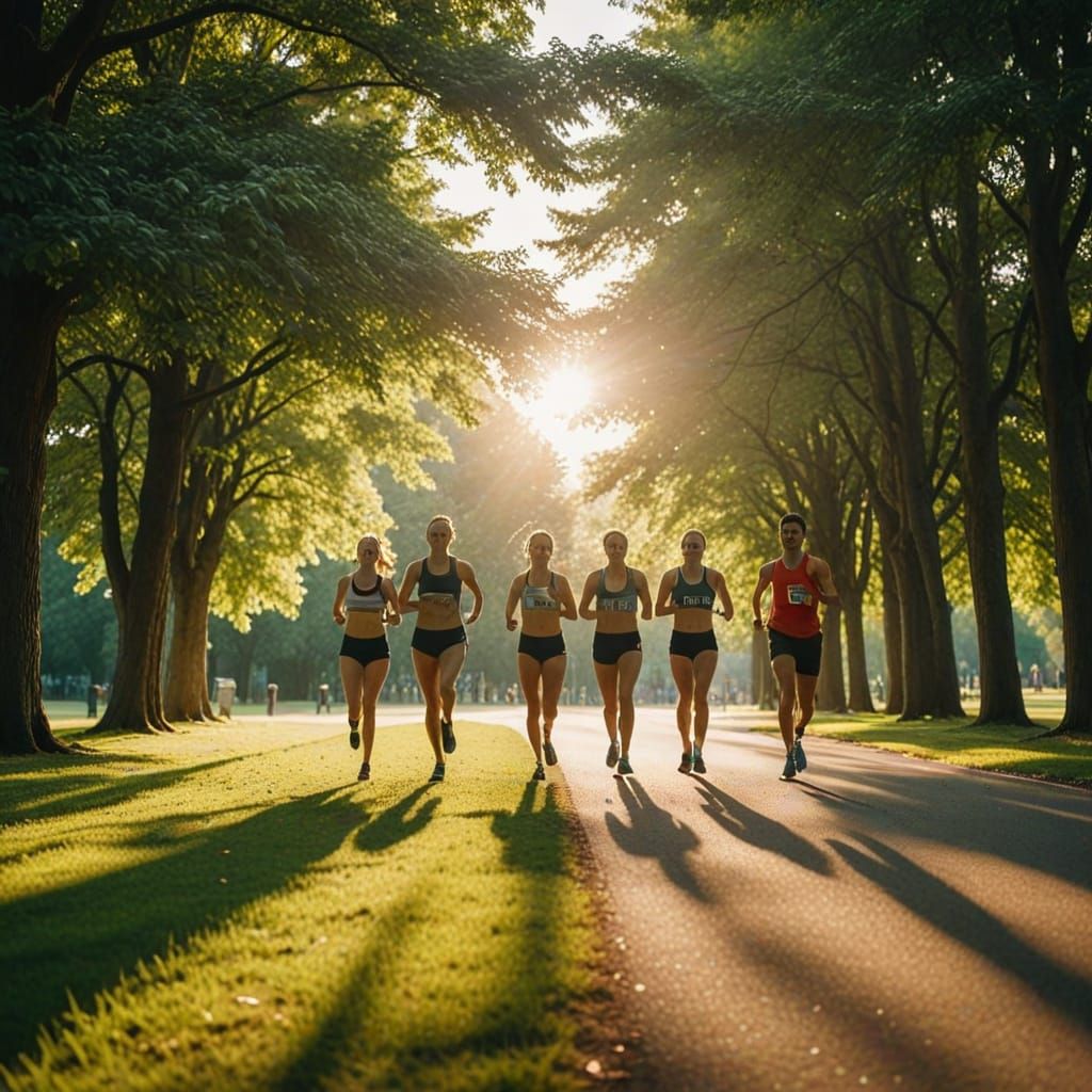 Athletes in Motion on a Green Park Track