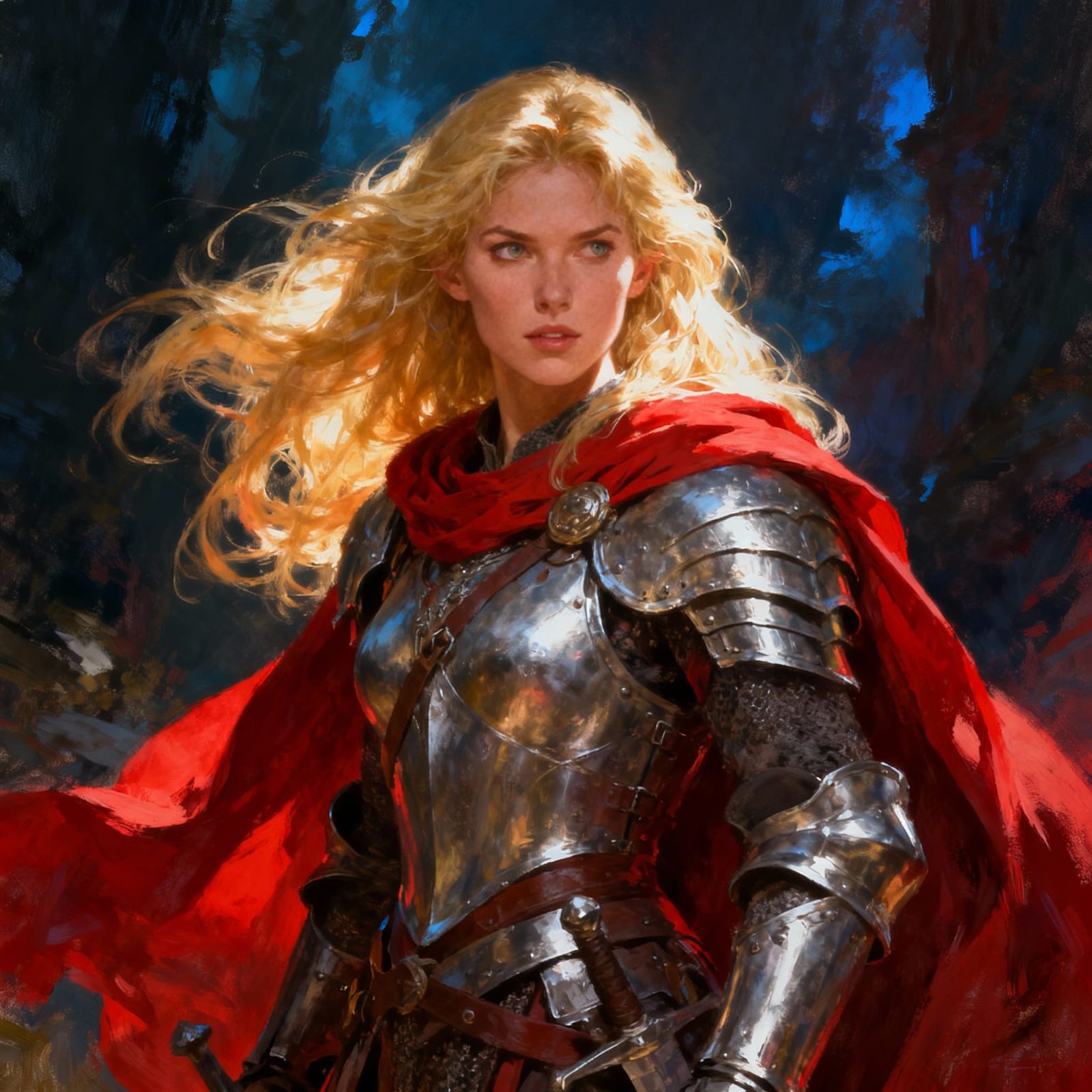 Female Fantasy Fighter in Silver Armor with Red Cloak