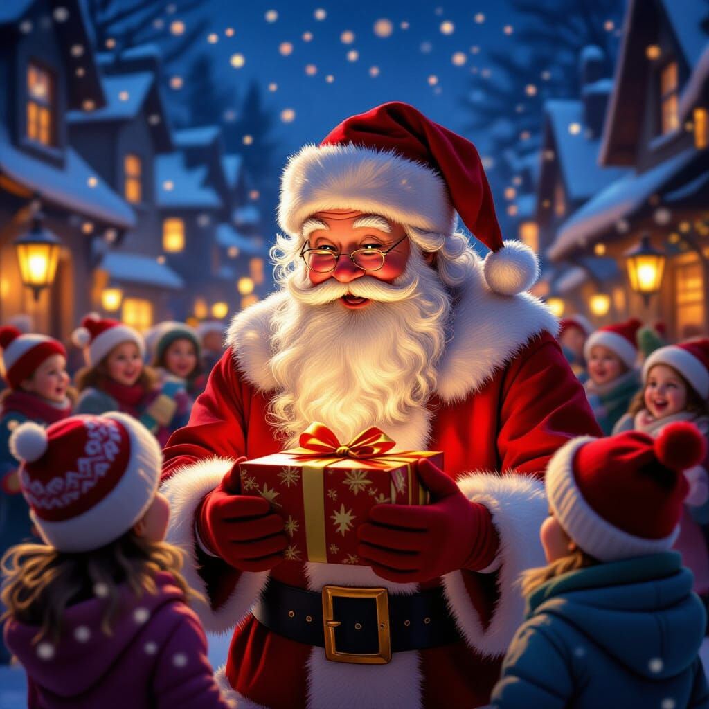 Santa Distributes Presents in Snowy Village Square