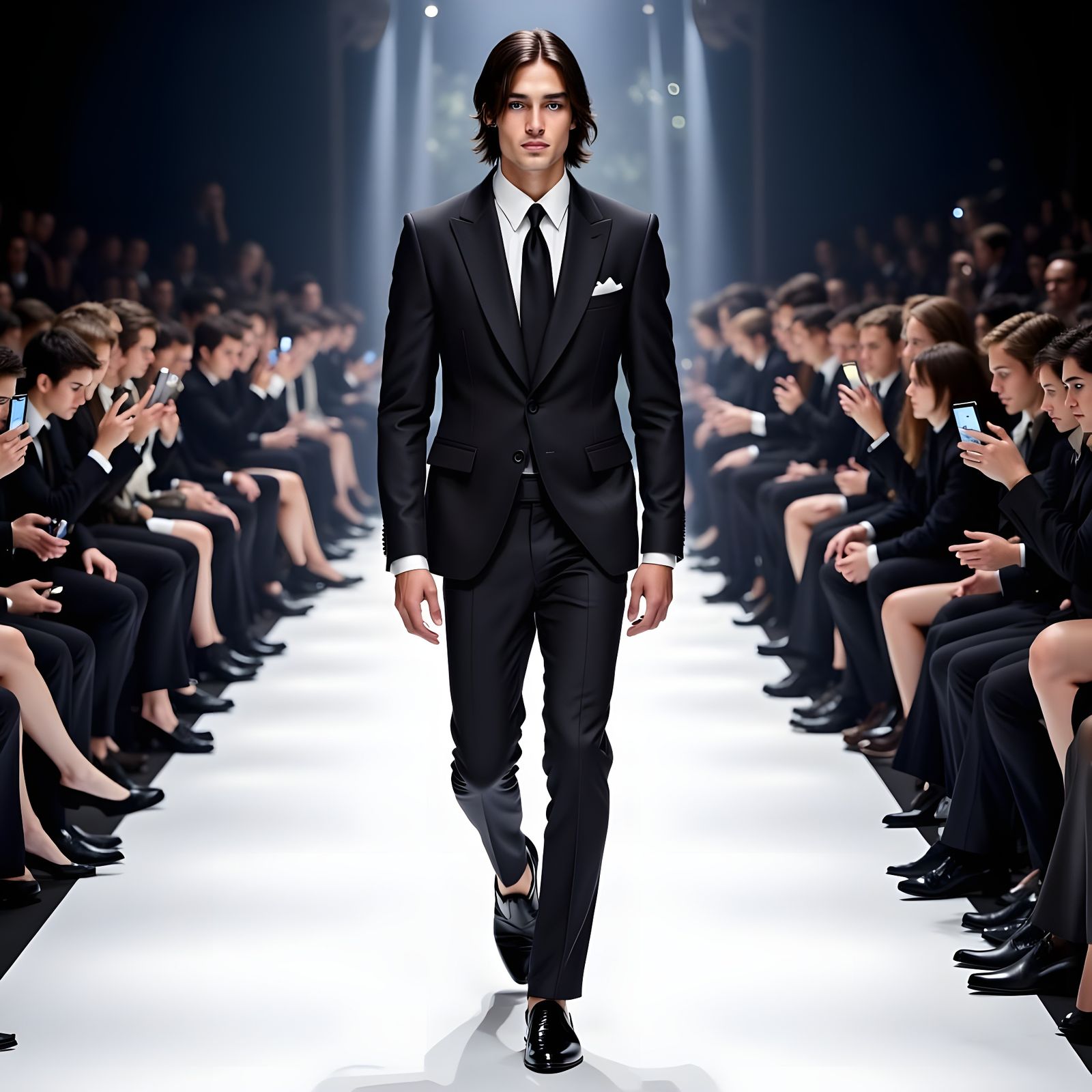 Chiseled Male Model Struts Down Fashion Catwalk in Luxurious...
