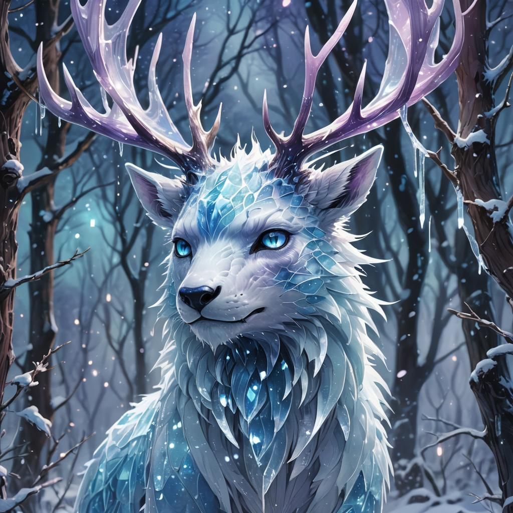 Anime Ice Creature Shimmers in Snowy Forest