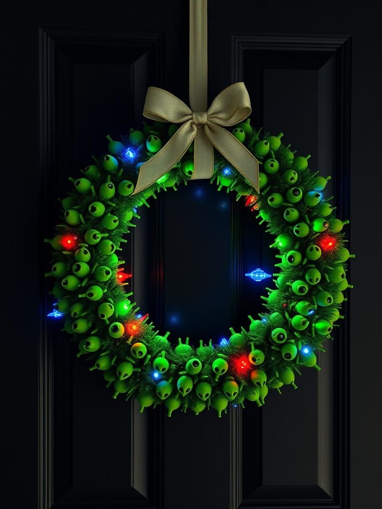 Surreal Green Alien Christmas Wreath in Cyberpunk Style