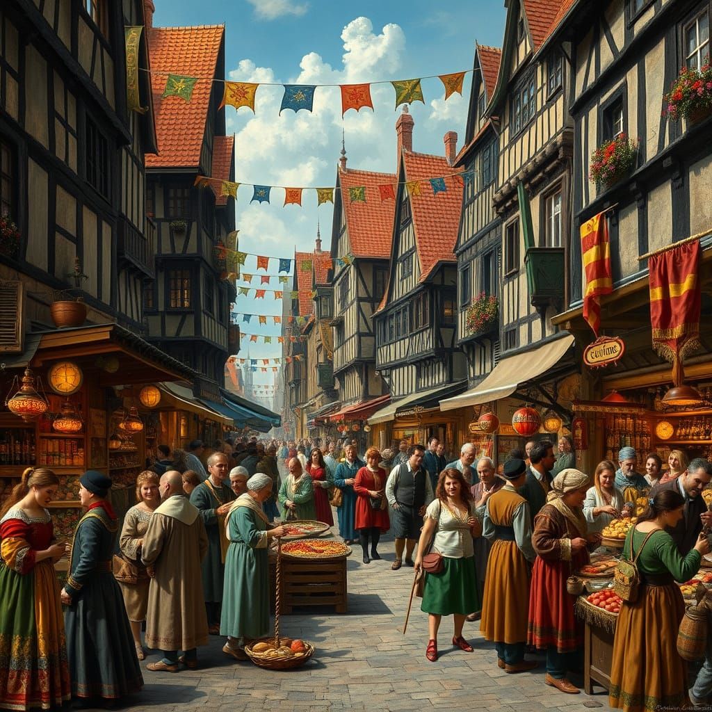 Medieval Marketplace in Vibrant, Ornate Style