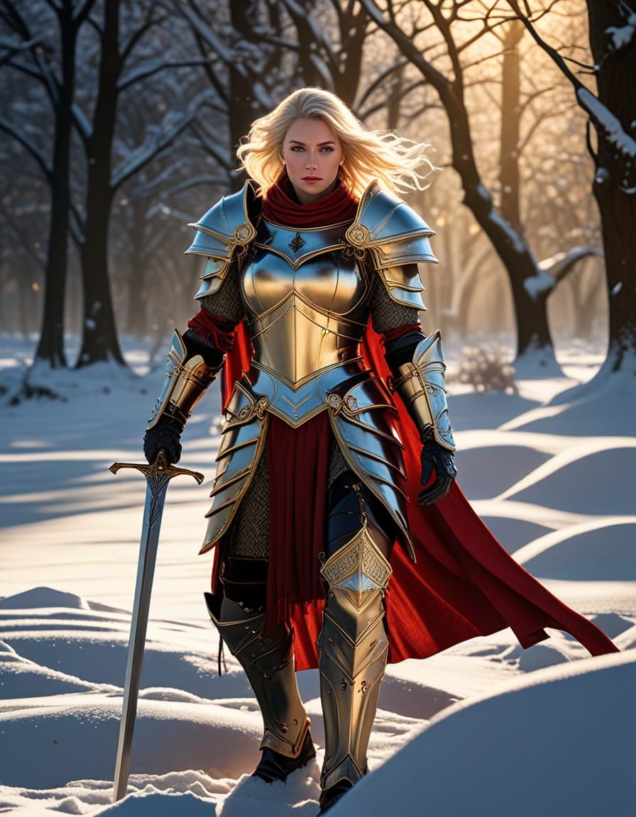 Elegant Warrior in Snowy Medieval Battleground