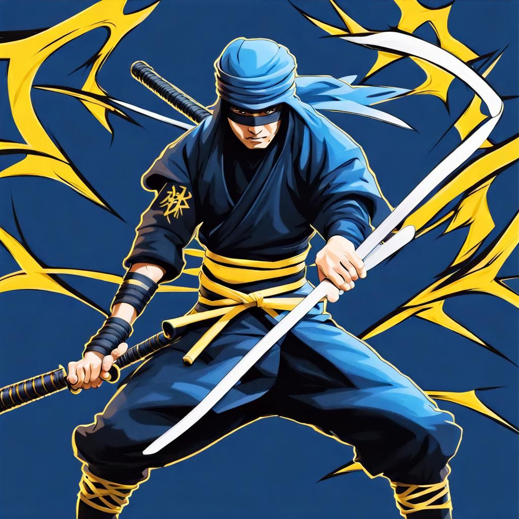 matashi kishimoto samurai ninja weapon ninja with two lightning swords in action fight scene, ninja, dark grey dark yell...