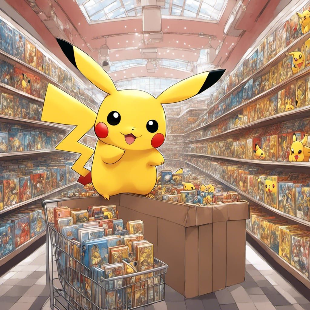 Pikachu Shopping for Pokemon Cards