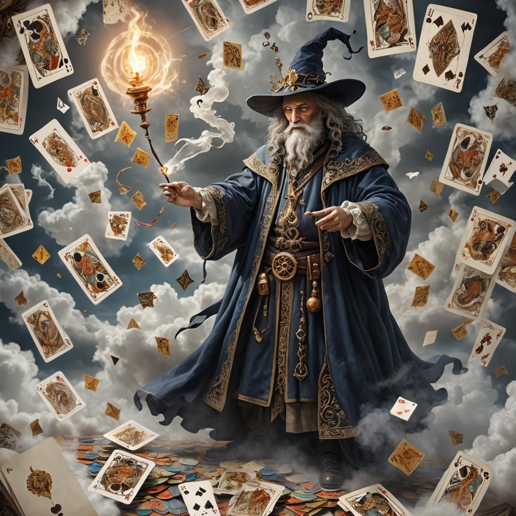 Wizard Surrounded by Cards in Surreal Style