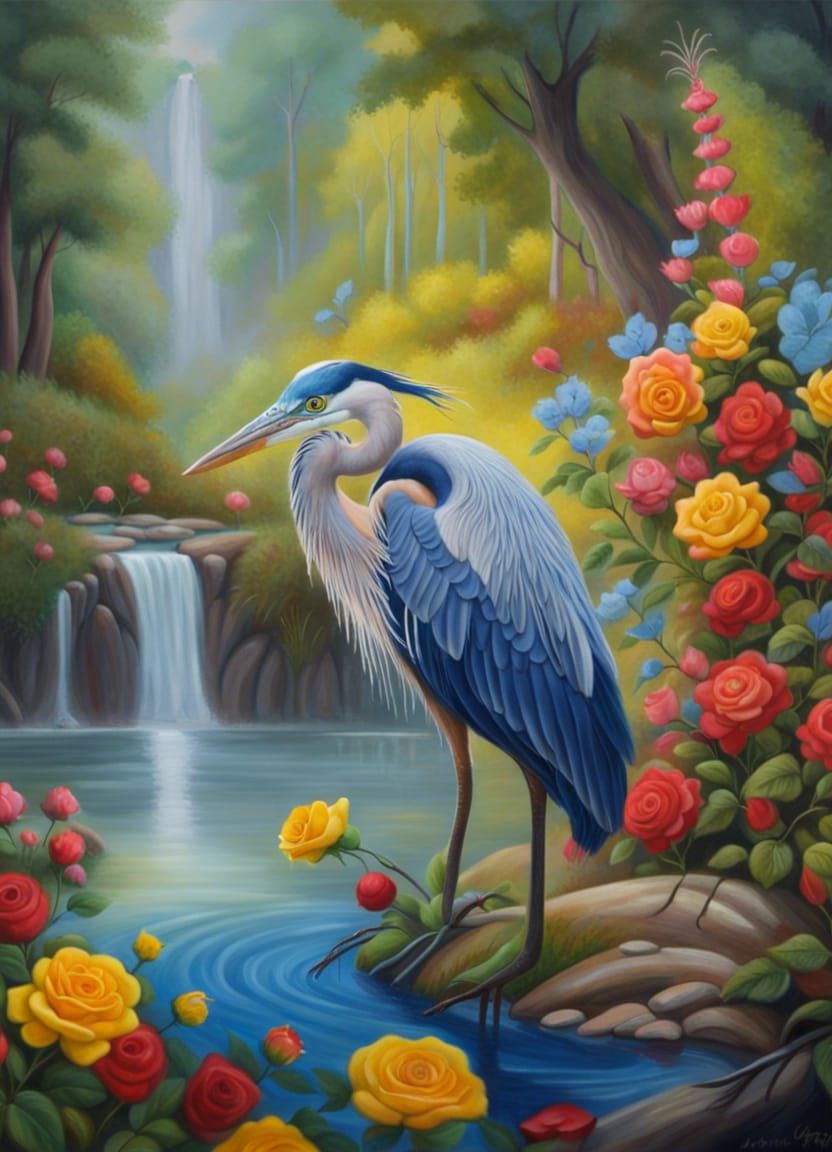 Blue Heron in Fantasy Whimsical Oil Painting