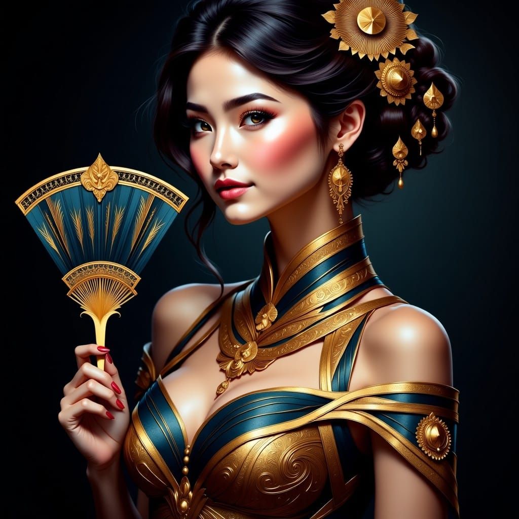 Elegant Lady in Gold Garment Holding Fan
