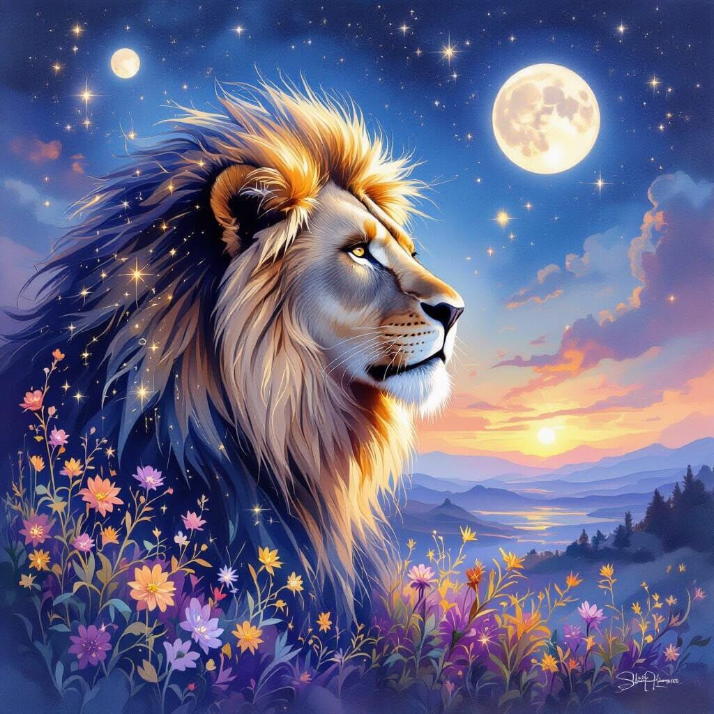 Starlight Lion Gazes Over Alien Landscape with Twin Moons