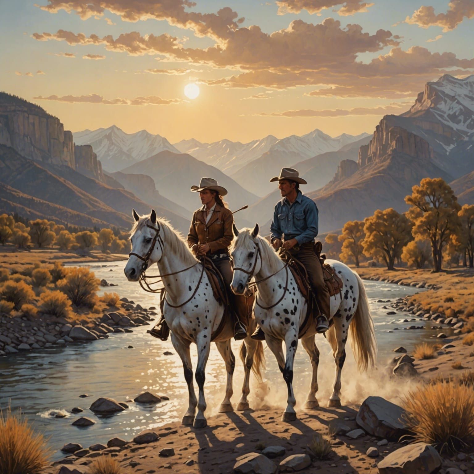 Cowboy and Cowgirl Ride into Sunset