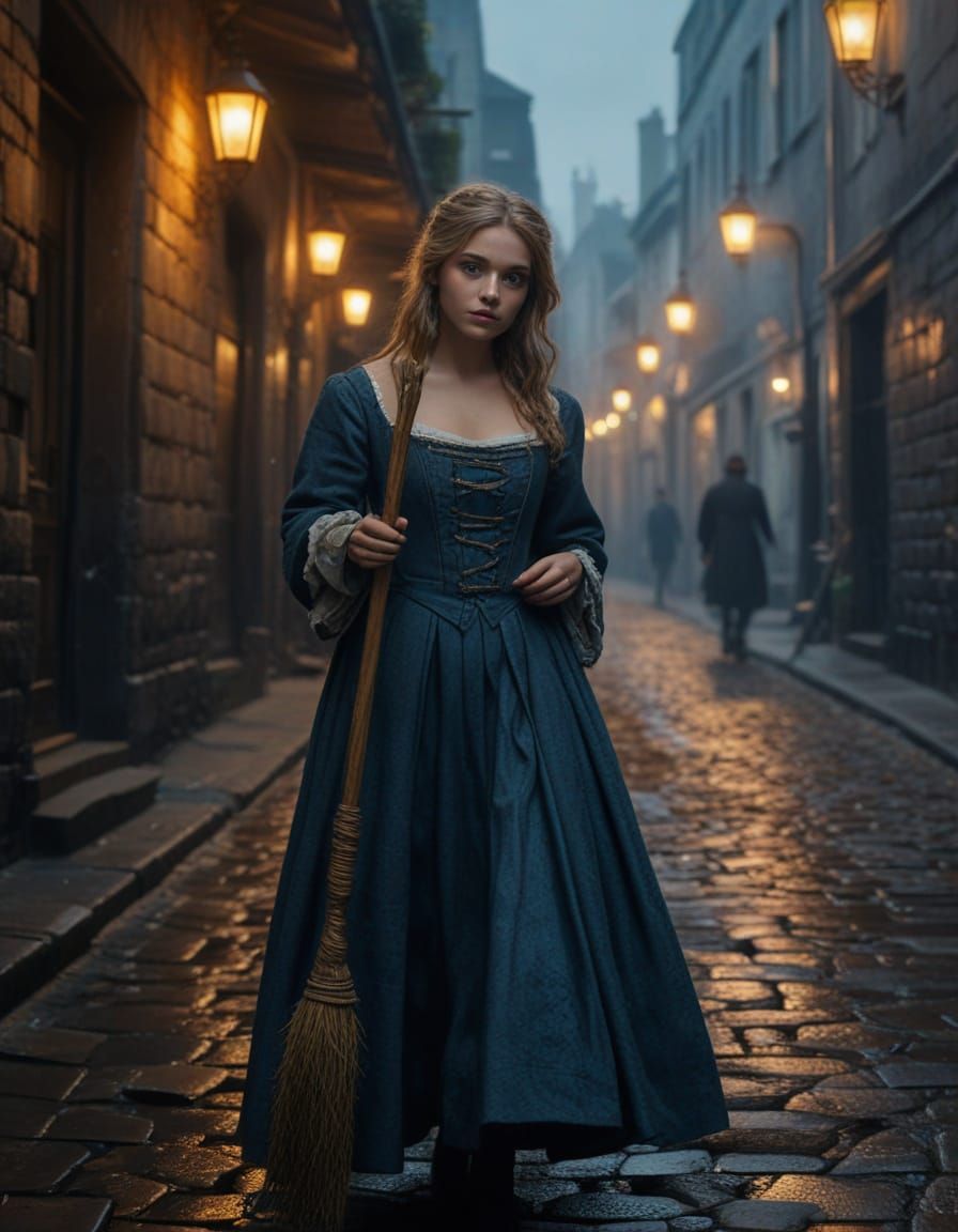 Epic Cinematic Scene of a Maid in a Dimly Lit Alleyway