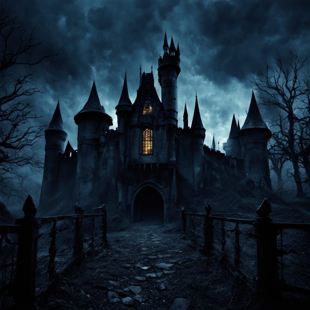 Gothic Castle Entrance in Muted Blues and Golden Tones