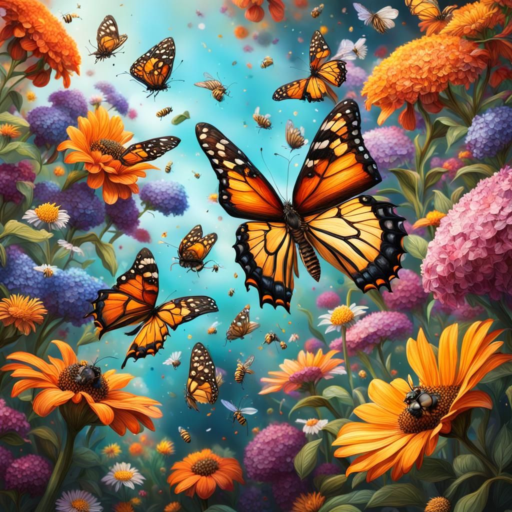 Bees and Butterflies in a Hyperrealistic Flower Garden