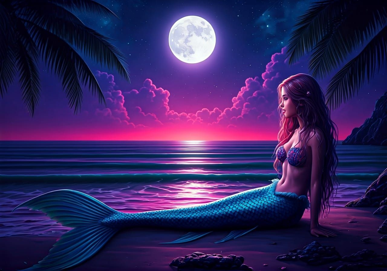 Fantastical Mermaid Scene Under Moonlight