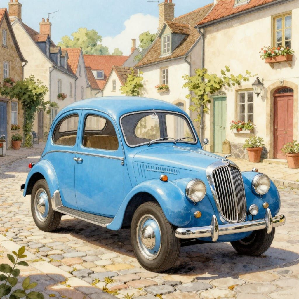 Vintage Sky Blue Egg Car in European Village