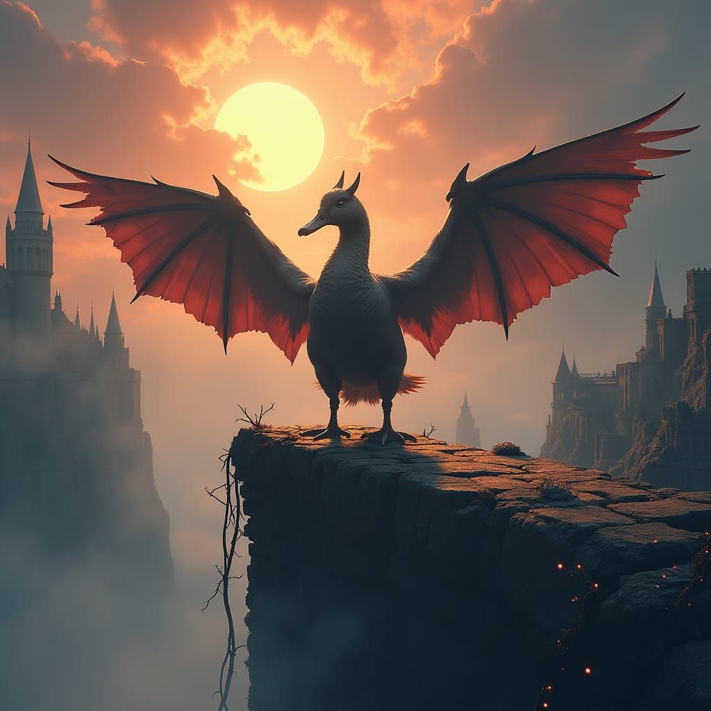 Majestic War Duck on Ruined Castle Parapet