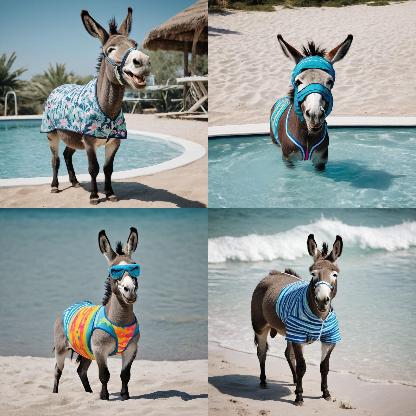 The laughing donkey in a swimsuit