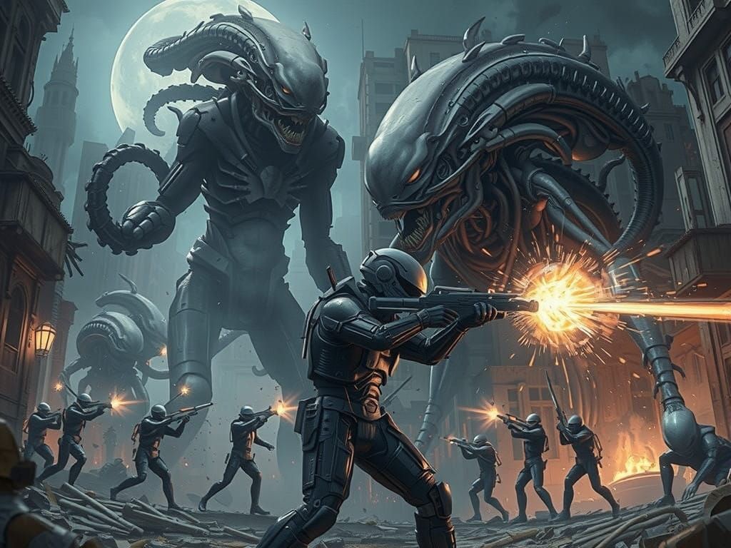 Cyberpunk Battle Scene in Futuristic Exosuit