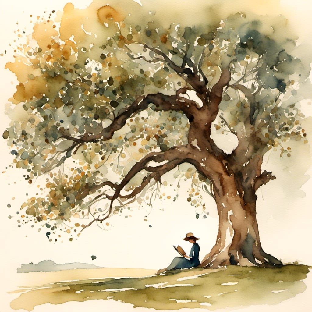 Person Reading Under Oak Tree in Picture Book Style