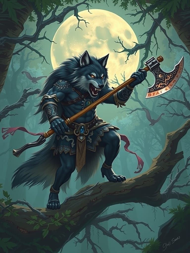 Wolf Barbarian Confronts Pack in Art Nouveau Style