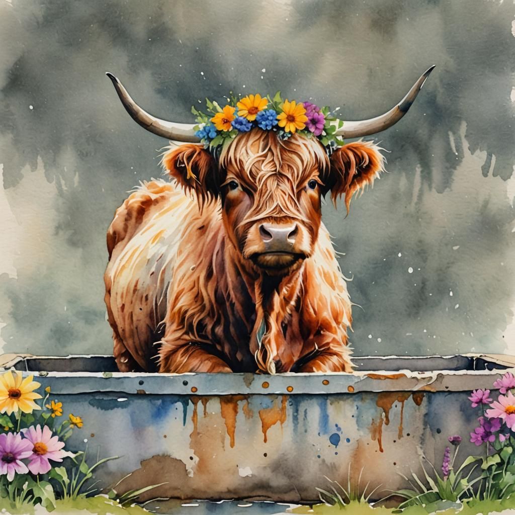 Watercolor Highland Cow with Flower Crown