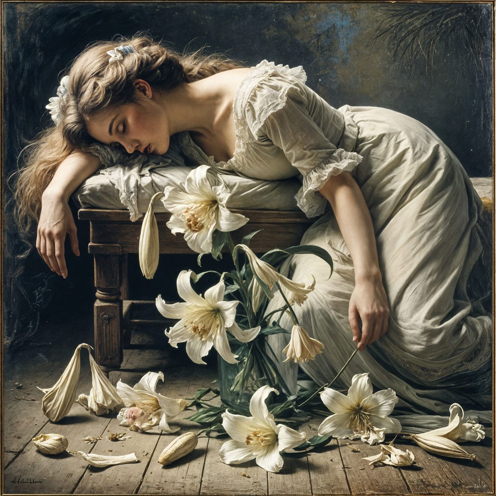 A Deceased Lily in Soft Golden Light, in the Style of 19th C...