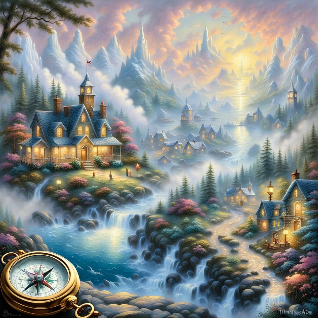 Ethereal Map and Compass in Fantasy Landscape