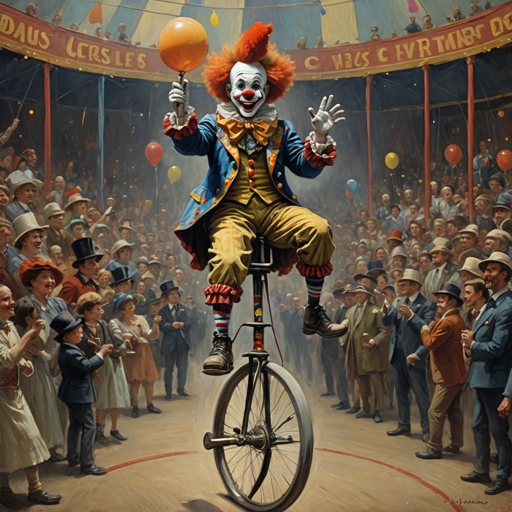 Circus Clown on Unicycle: Oil Painting