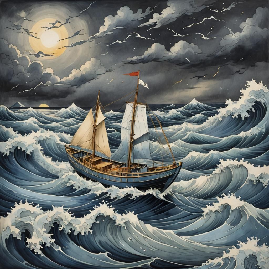 Glass Origami Boat in Stormy Seas, Japanese Art