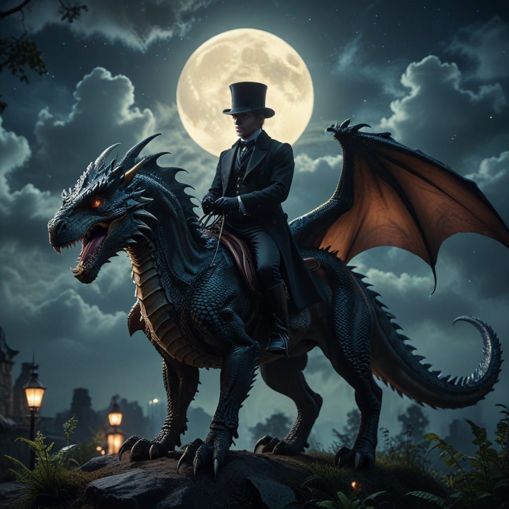 Lord Riding a Dragon at Night: Cinematic Photography