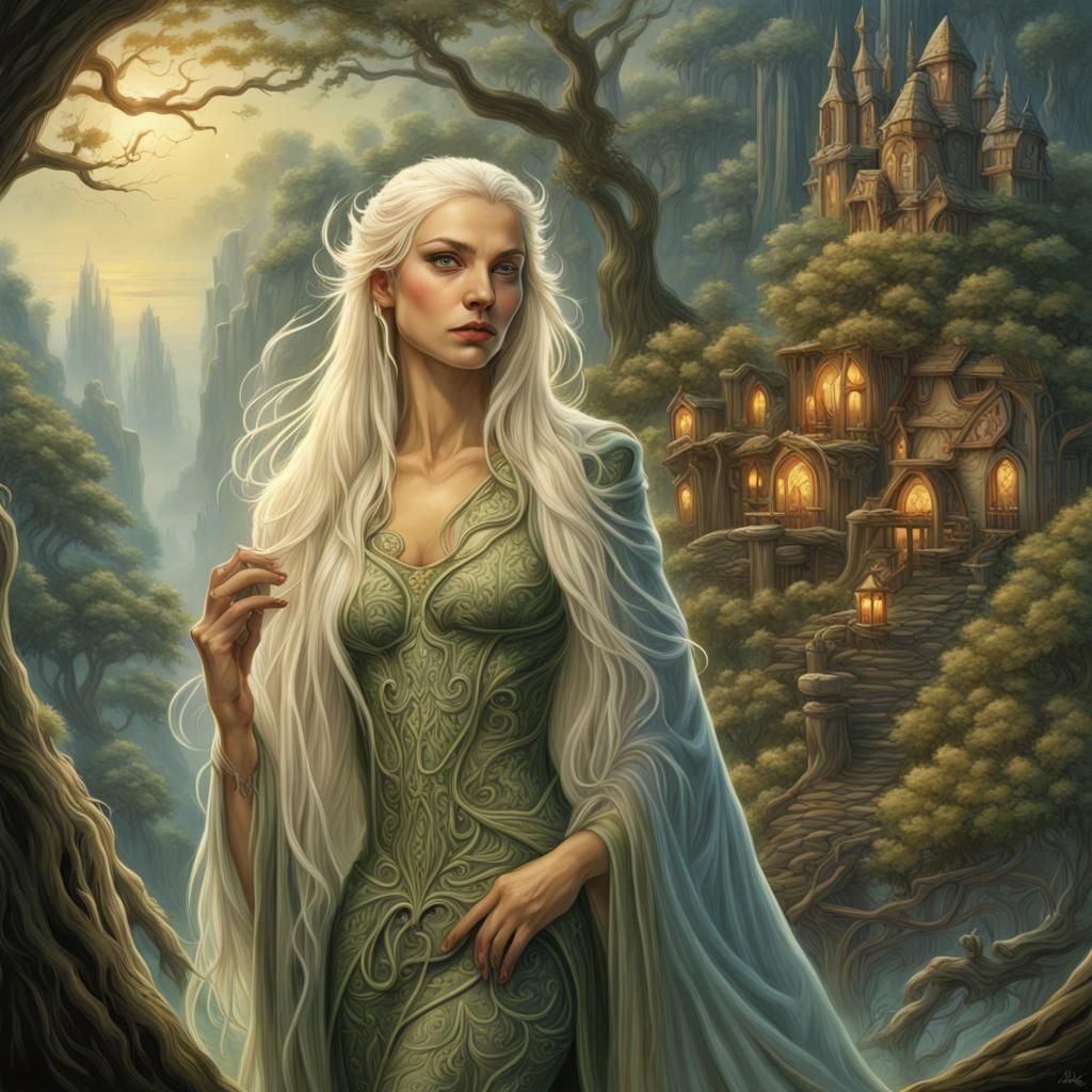 Enchanting Elf Village Portrait in Art Nouveau Style