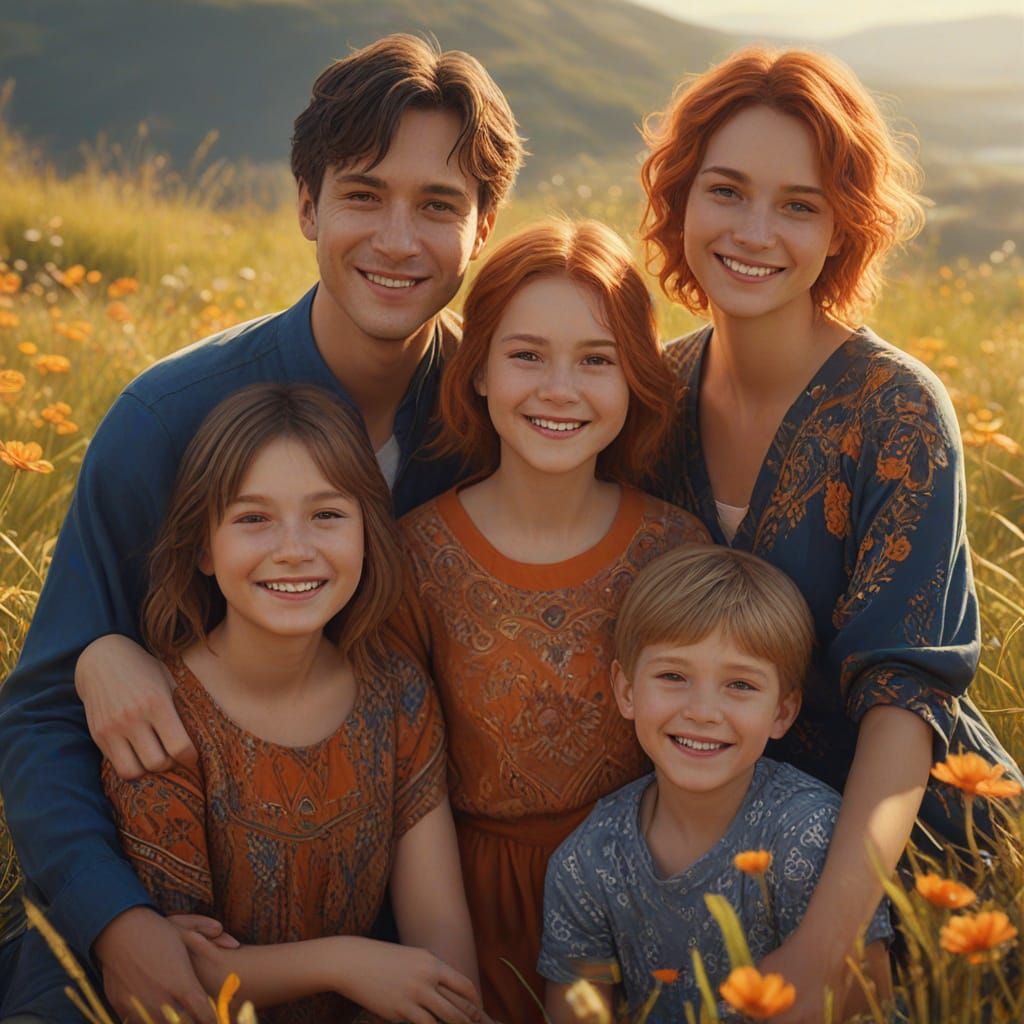 Perfect Family on Sunny Hill as Oil Painting