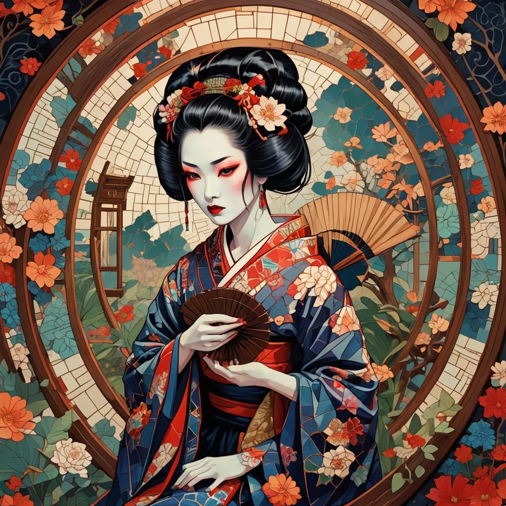 Vampire Geisha in Mosaic Mirror, Surreal Illustration