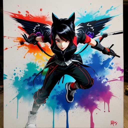 Team RWBY, graffiti art, splash art, street art, spray paint, oil gouache melting, acrylic, high contrast, colorful poly...
