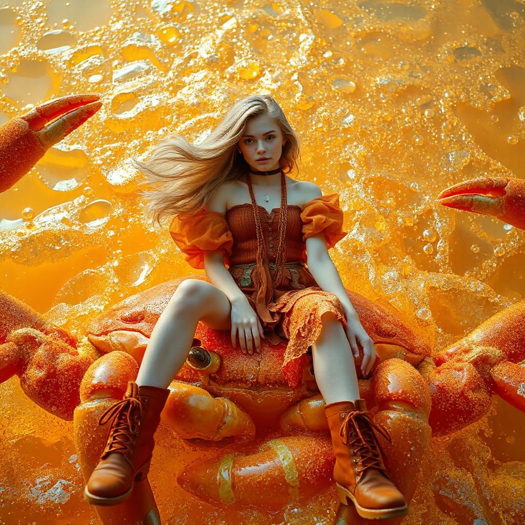 Golden-Haired Woman on Gummy Crab in Soda Sea
