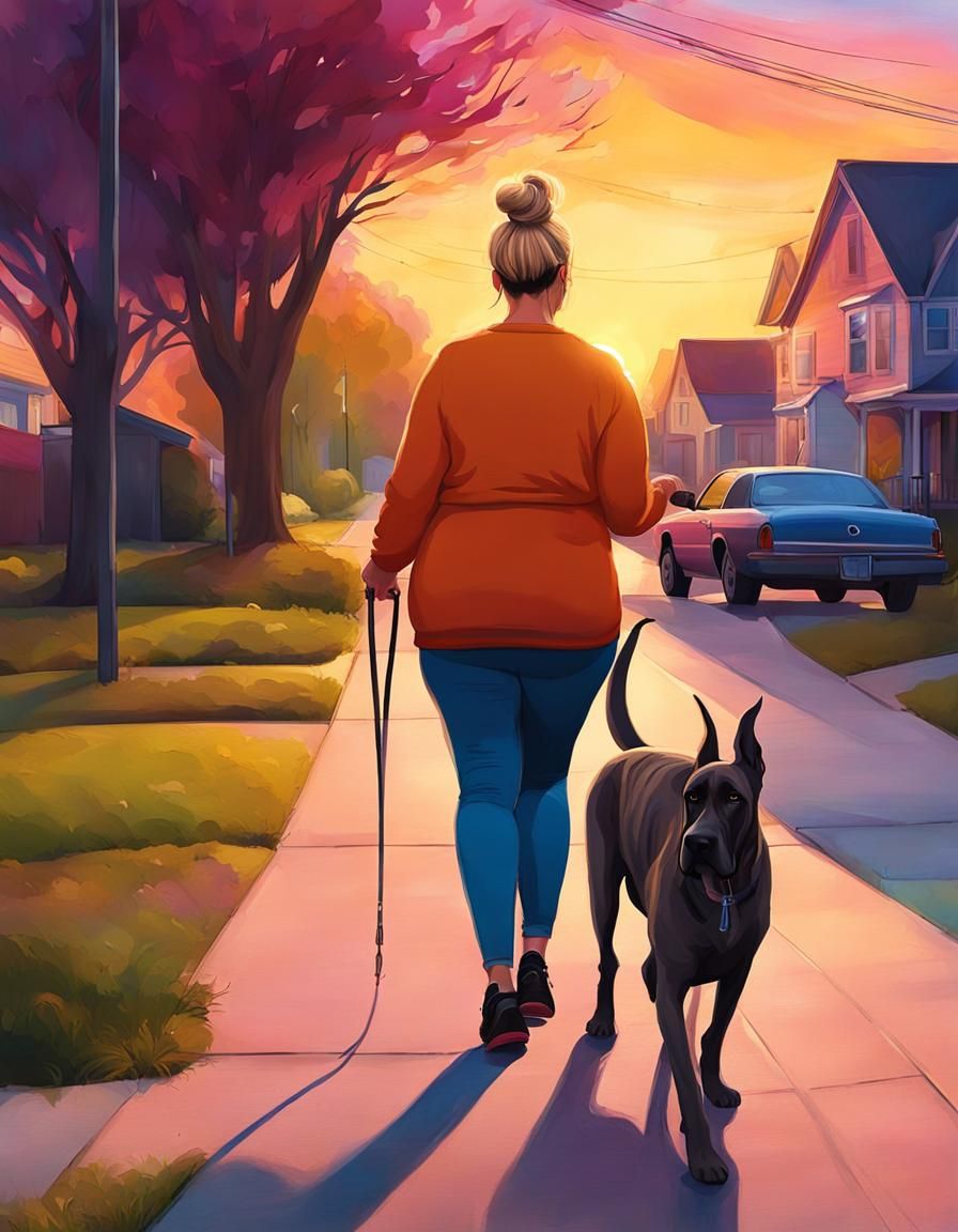 Plus-Size Woman Walks Great Dane at Sunrise