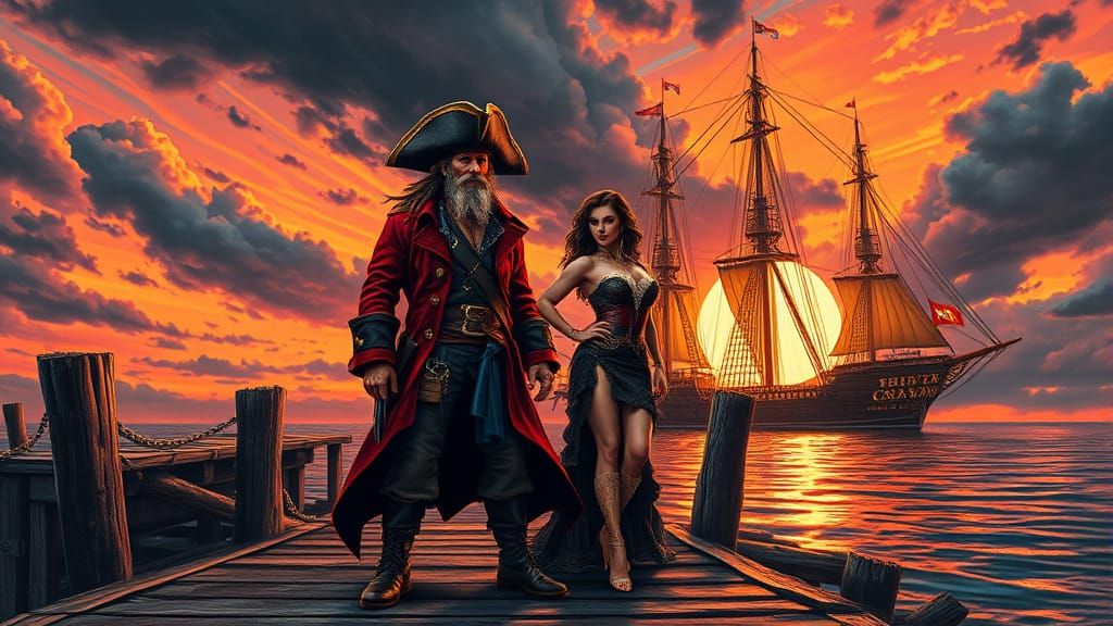 Pirate Captain and Tavern Wench at Sunset Dock