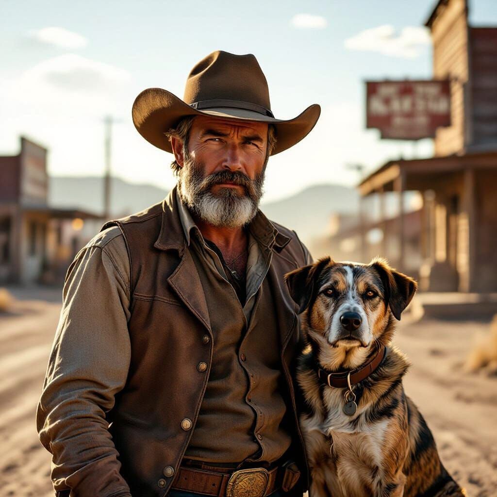 Old West Cowboy and Hound Dog in Golden Hour