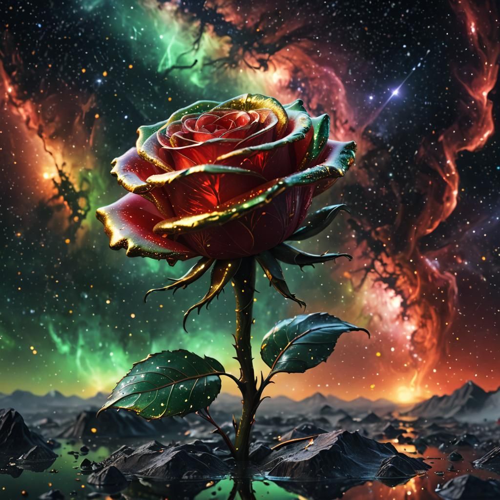 a gold glass transparent rose on a galaxy storm sky, red, green, black, lile, wather, stars