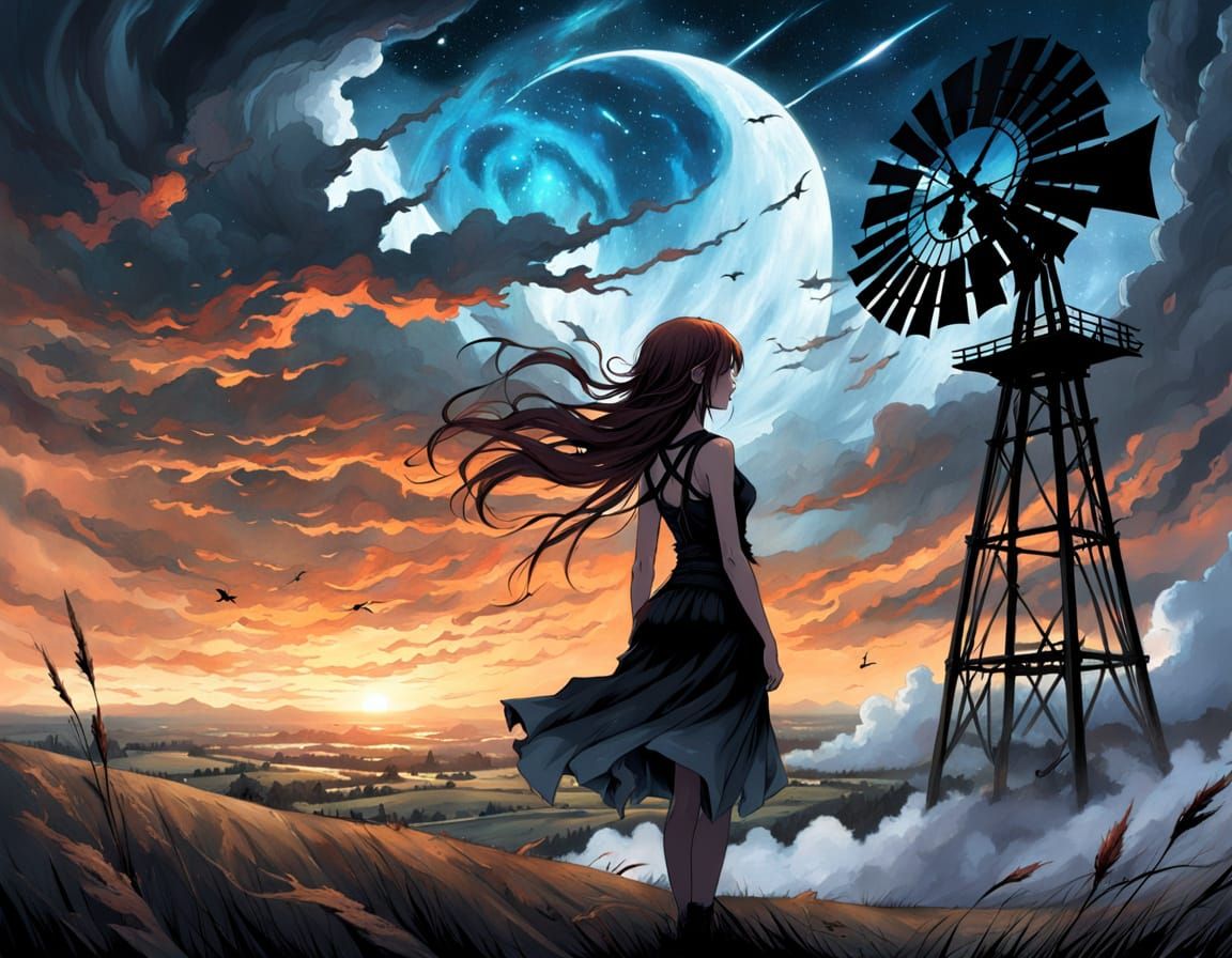 Melancholic Anime Girl Silhouette with Astral Winds