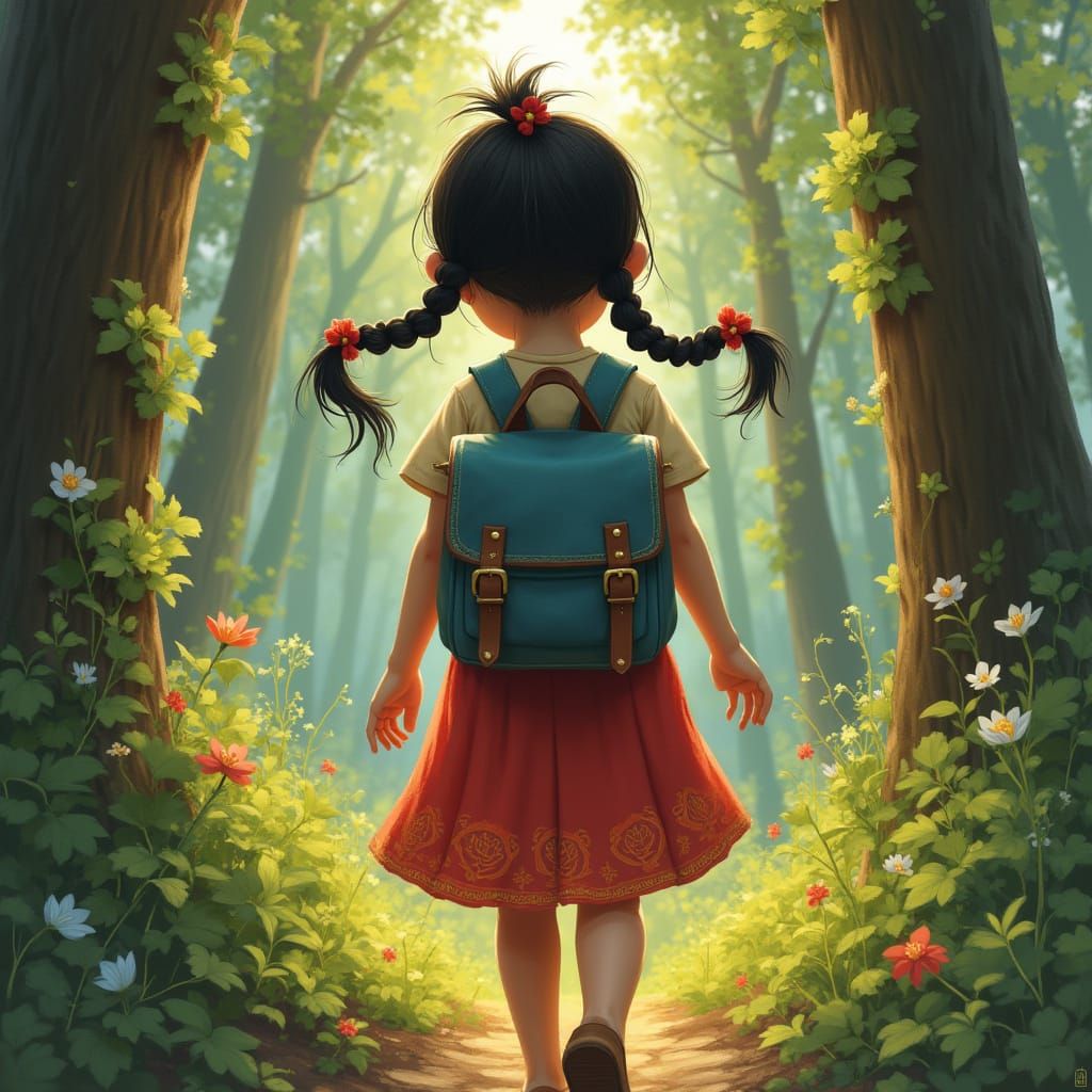 Asian Girl Walks into Whimsical Forest Landscape