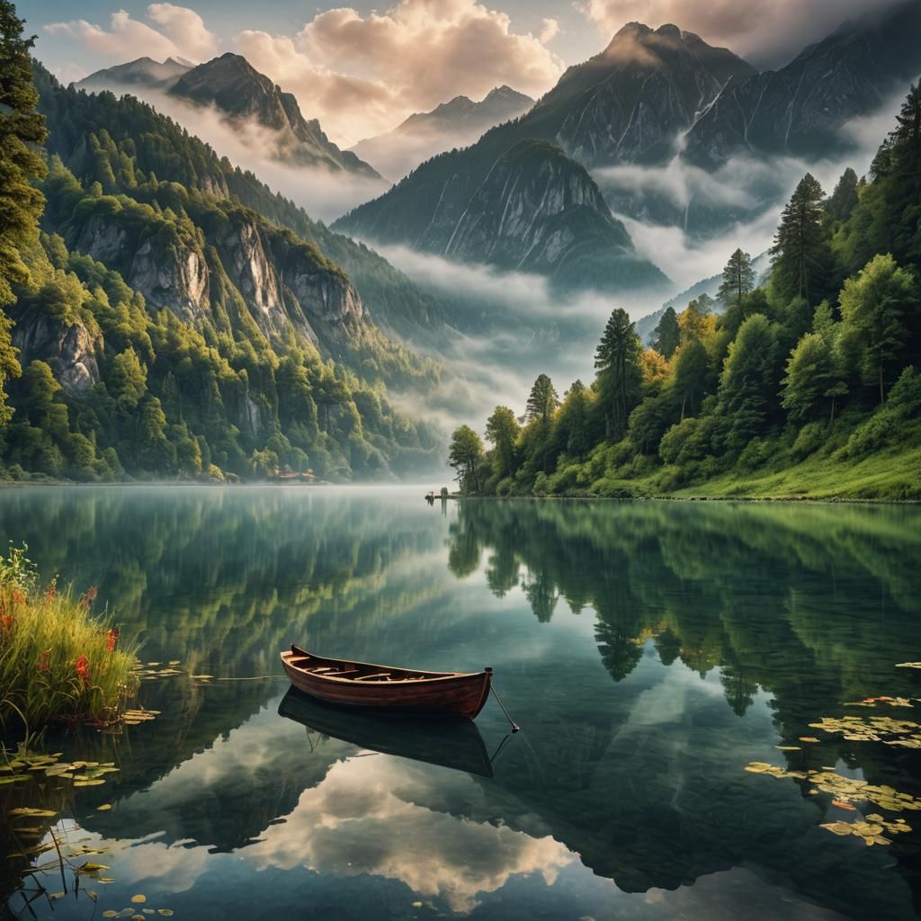 Serene Mountain Lake at Dawn: Panoramic Digital Art