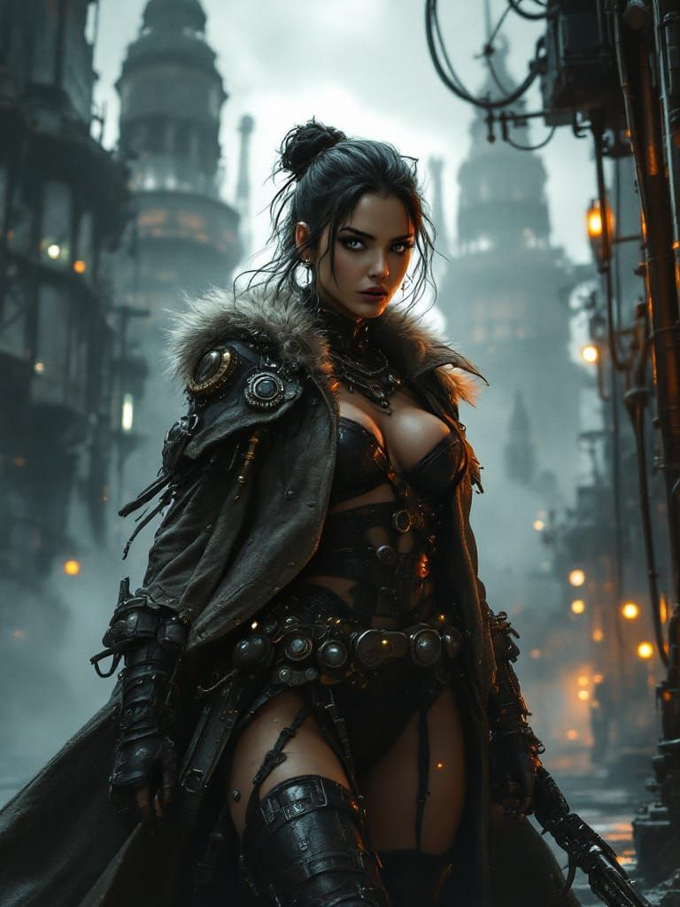 African Warrior Woman with Intense Glare in Steampunk City