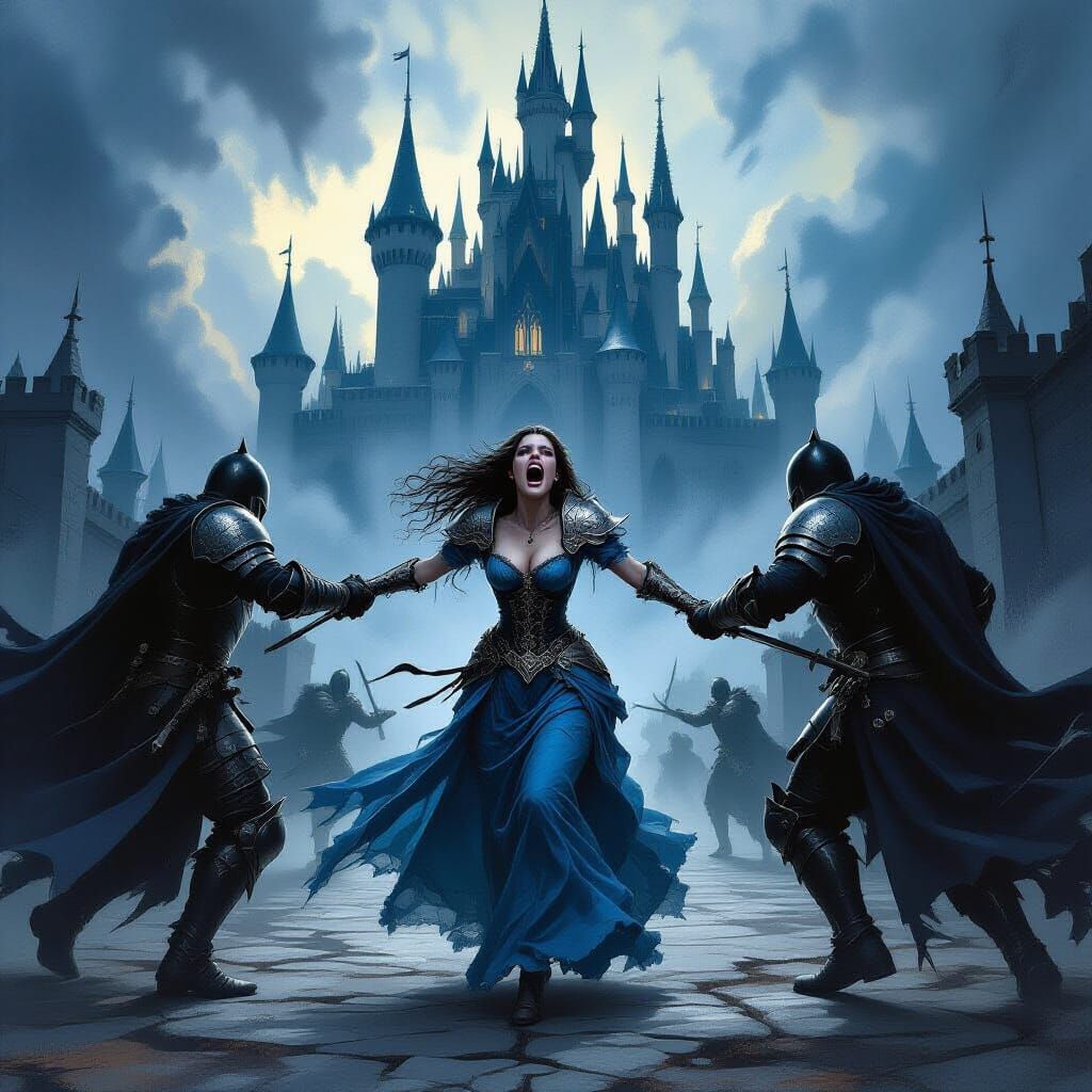 Fae Sorceress Captured by Dark Knights Before Castle