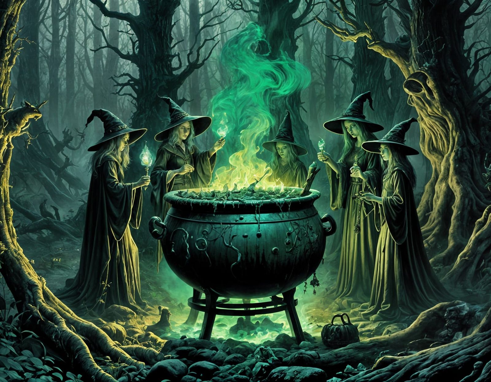 Witches Brewing Potion in Spooky Forest, Fantasy Art