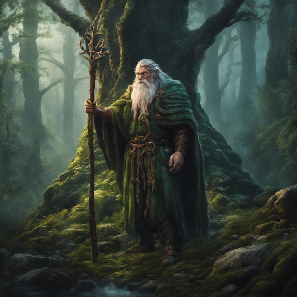 Firbolg Druid in Forest, Detailed Matte Painting