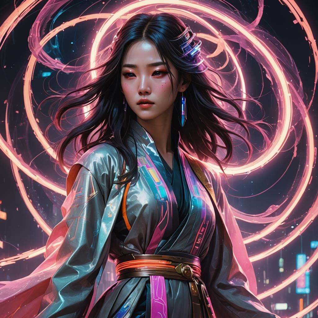 Ethereal Korean Girl in Cyberpunk Vortex