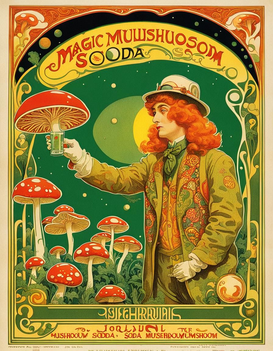 Psychedelic Art Nouveau Mushroom Soda Advertisement